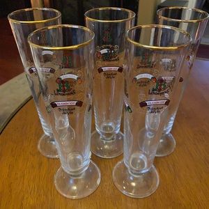 Set of 5 Lindeman’s Lambics Flutes, 8oz Glass Peche Framboise Pomme Gold Trim